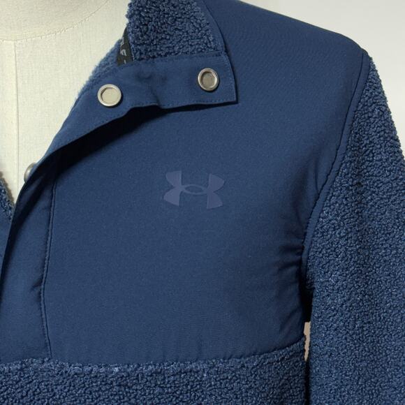 Under Armour Golf Sweater Large Blue Fleece Pile Half Snap T Pullover Loose Fit - Picture 9 of 12
